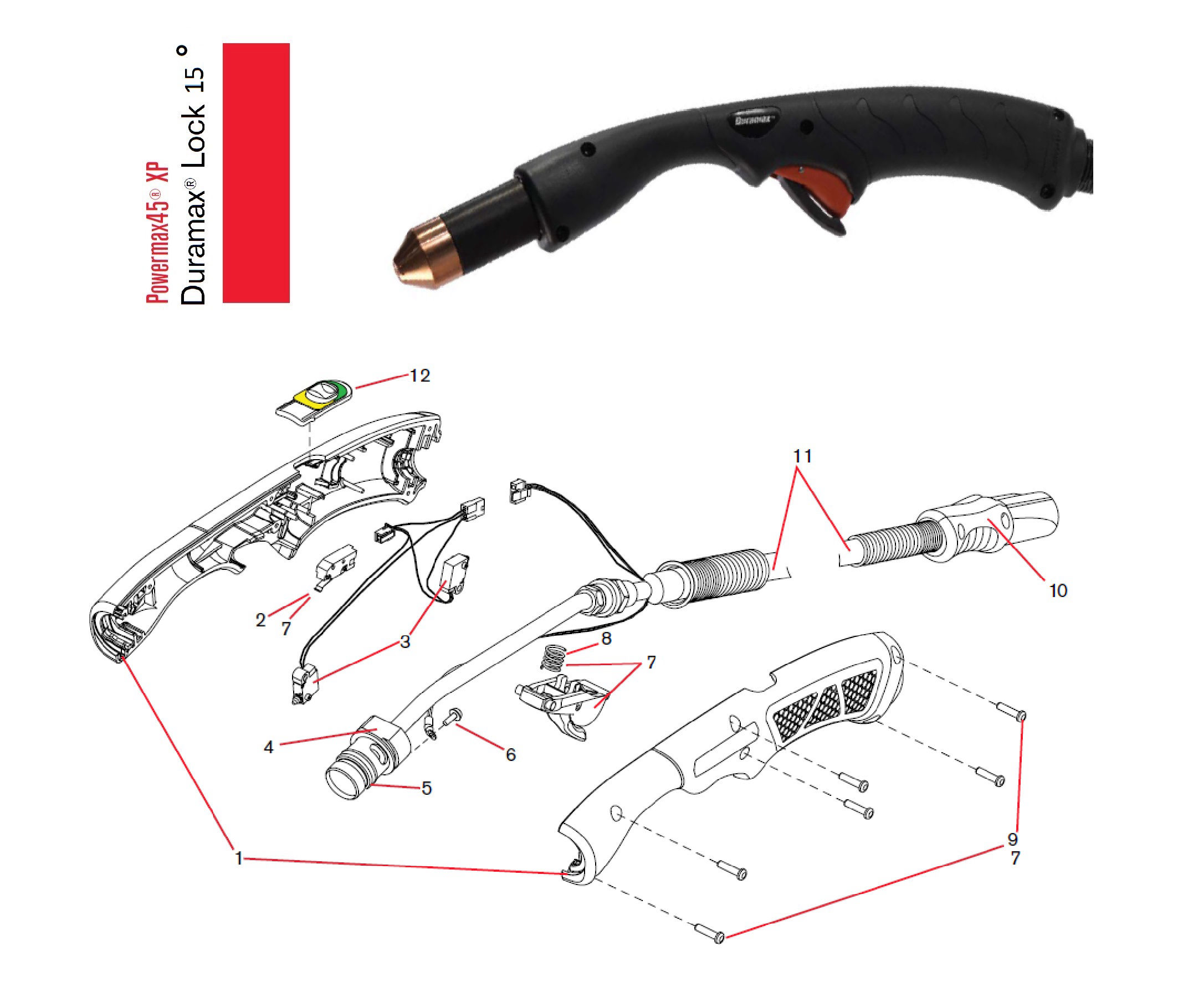 Hypertherm Duramax Lock 15 degree hand torch parts diagram