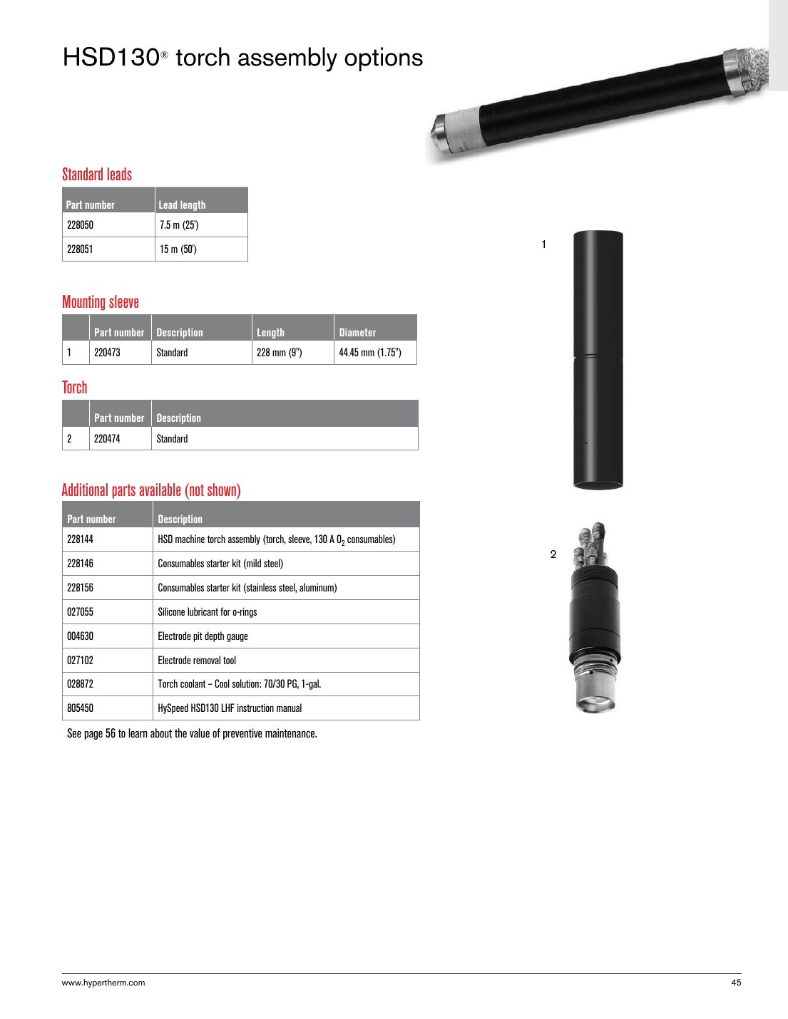 HSD130 torch assembly options - Torch catalog page