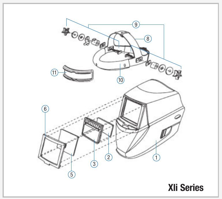 Miller XLi helmet exploded diagram with numbered parts