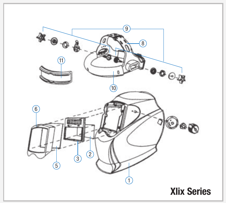 Miller XLix helmet exploded diagram with numbered parts
